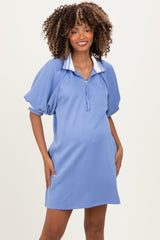 Dusty Blue Half Zip Puff Sleeve Maternity Mini Dress