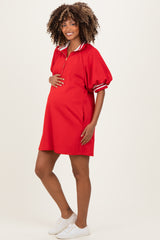 Red Half Zip Puff Sleeve Maternity Mini Dress