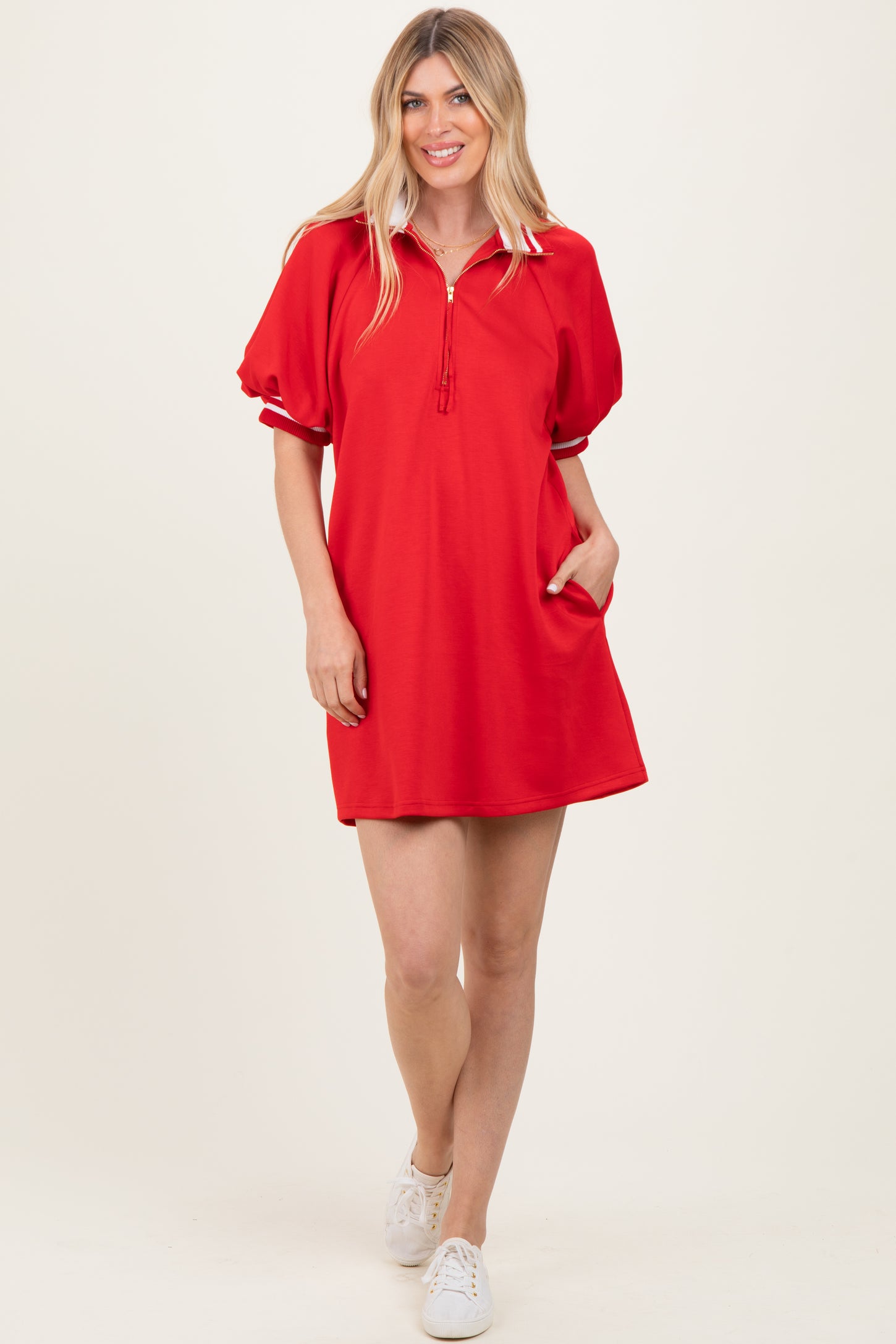 Red Half Zip Puff Sleeve Maternity Mini Dress