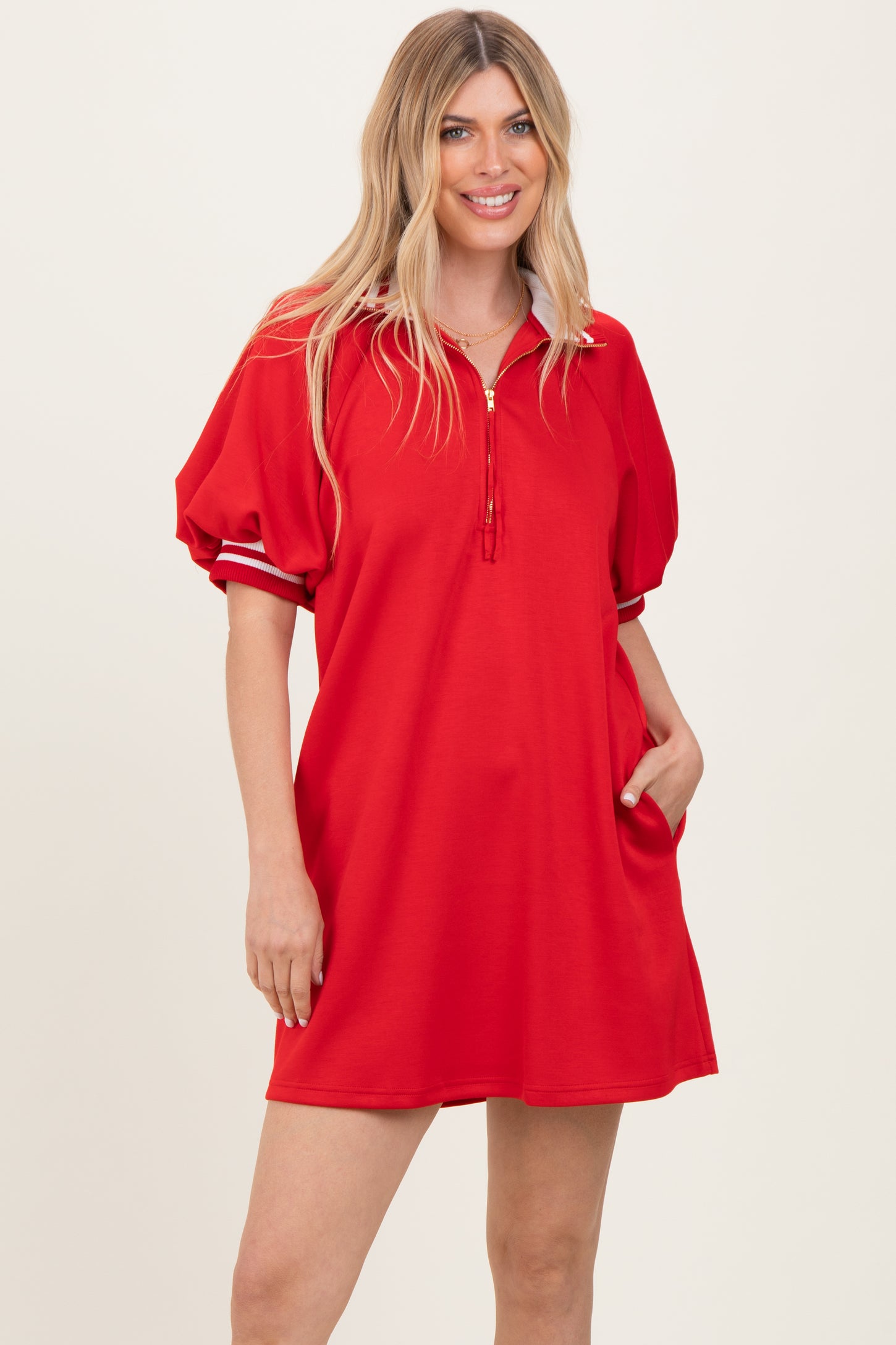 Red Half Zip Puff Sleeve Mini Dress