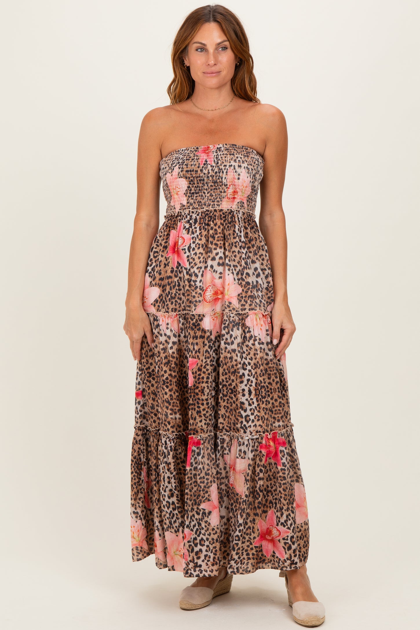 Mocha Animal Print Floral Smocked Strapless Maxi Dress