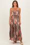 Mocha Animal Print Floral Smocked Strapless Maxi Dress
