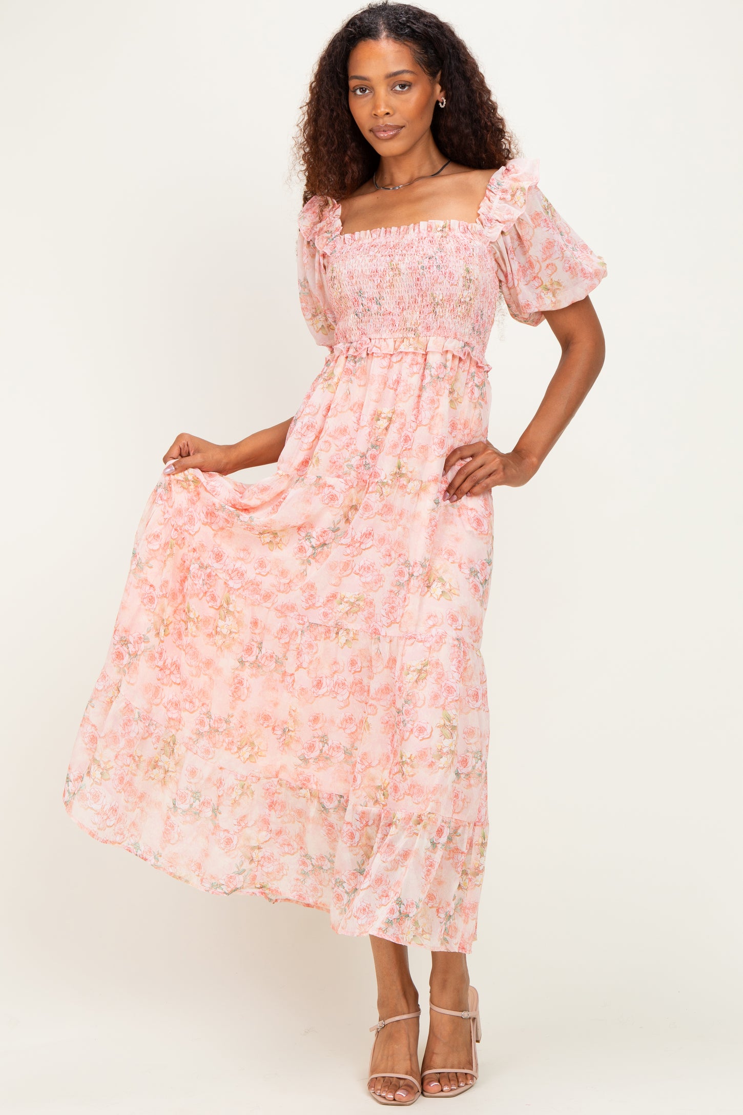Pink Floral Chiffon Smocked Maternity Maxi Dress