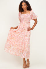 Pink Floral Chiffon Smocked Maternity Maxi Dress