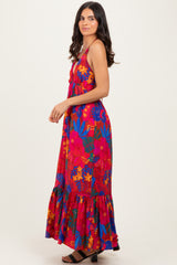 Red Floral Halter V-Neck Maxi Dress