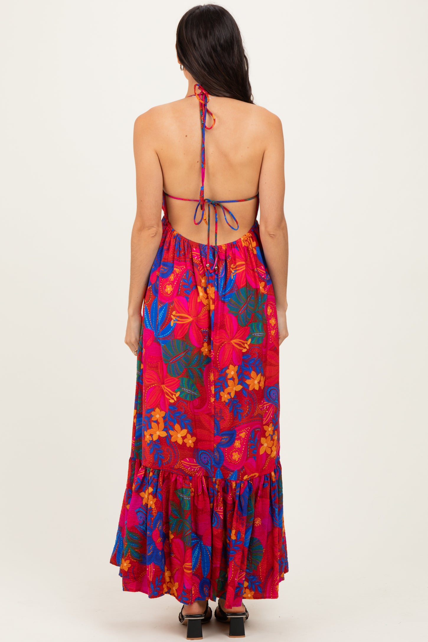 Red Floral Halter V-Neck Maxi Dress