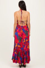 Red Floral Halter V-Neck Maxi Dress