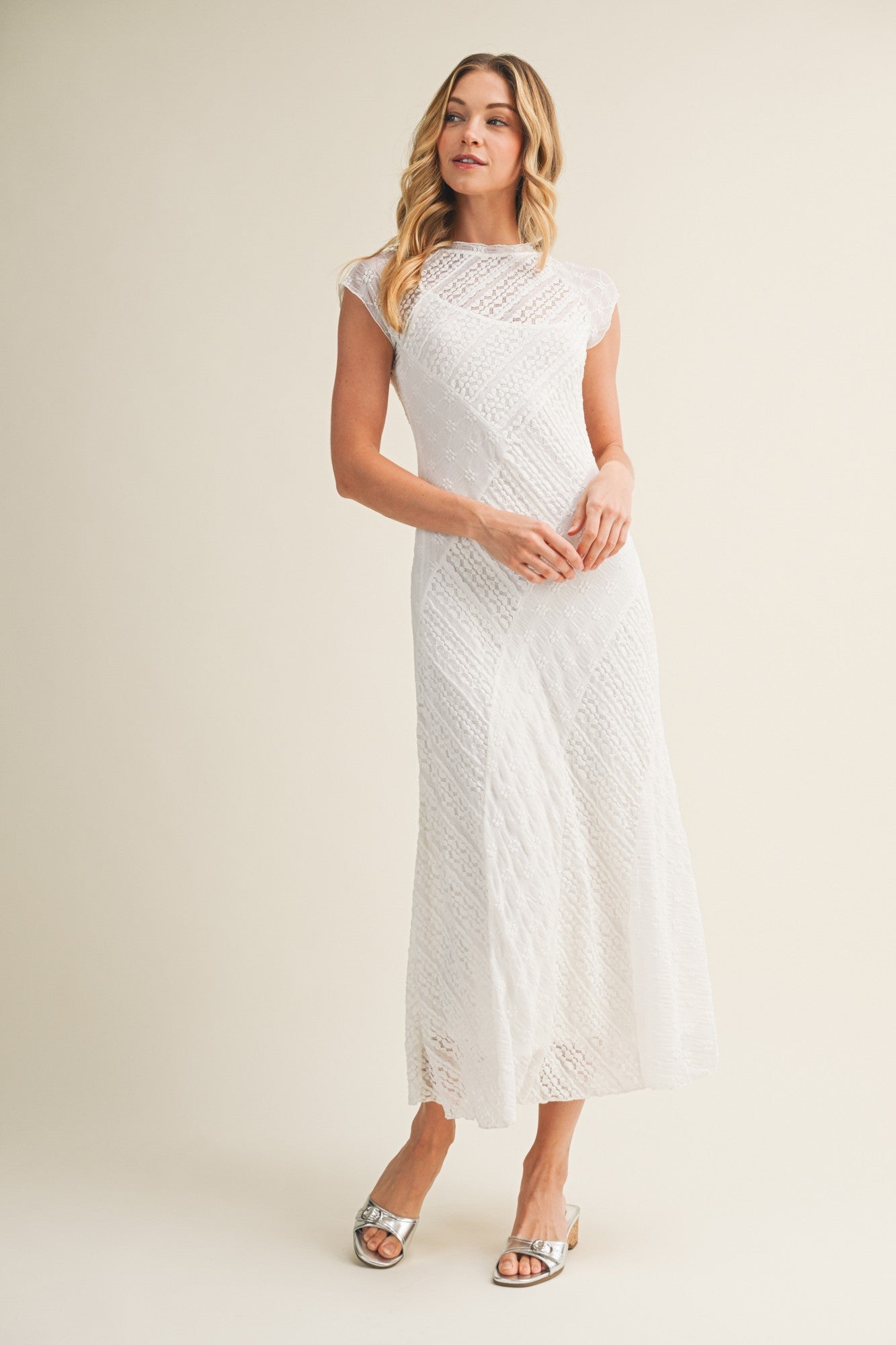 White Cap Sleeve Mixed Lace Dress