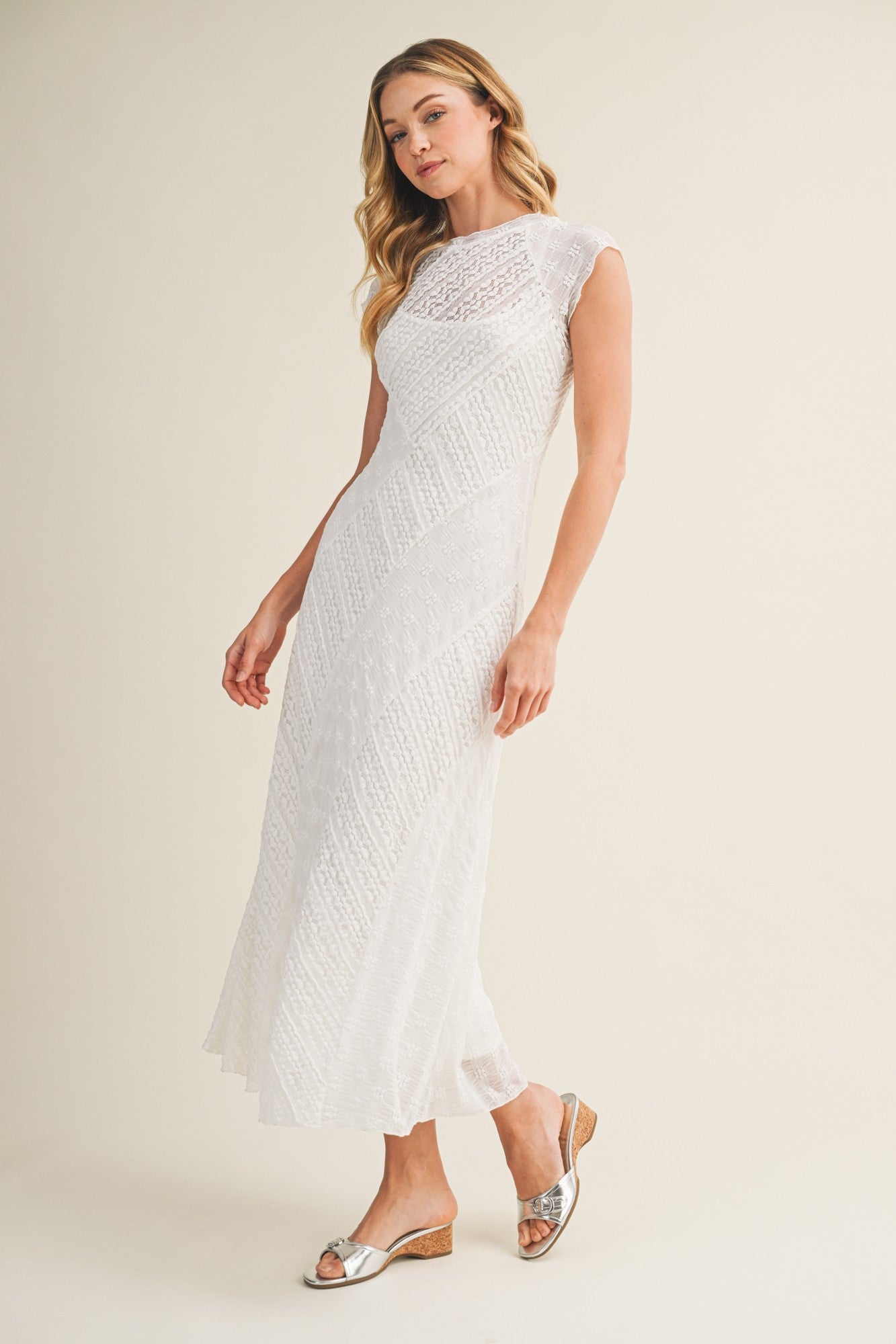 White Cap Sleeve Mixed Lace Dress