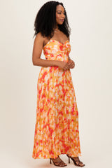 Orange Floral Pleated Sleeveless Maxi Dress