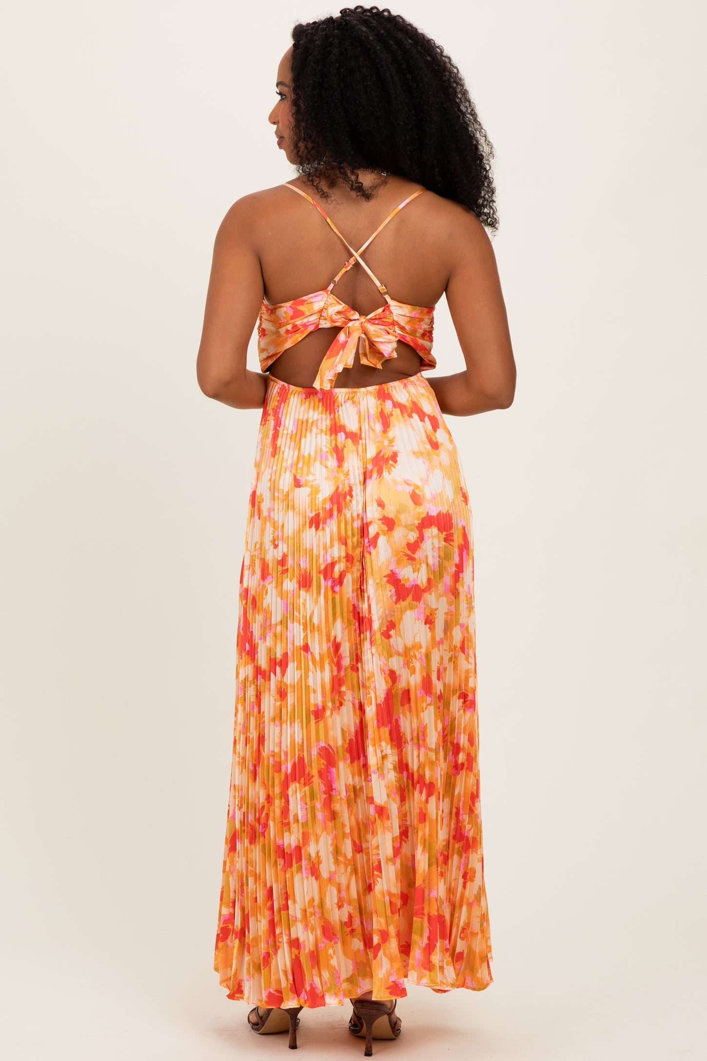 Orange Floral Pleated Sleeveless Maxi Dress