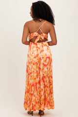 Orange Floral Pleated Sleeveless Maxi Dress