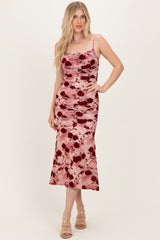 Pink Rose Floral Mesh Ruched Midi Dress
