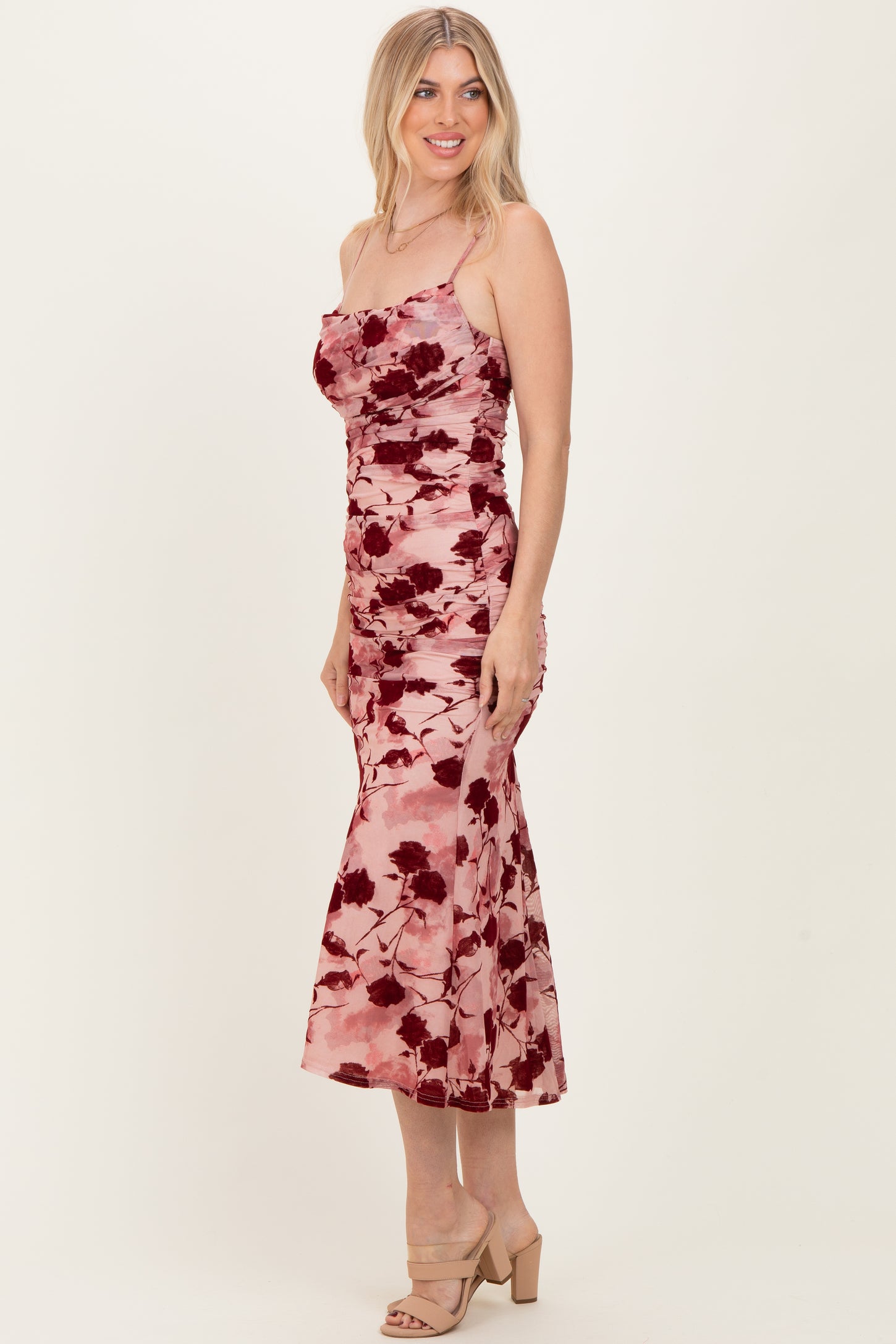Pink Rose Floral Mesh Ruched Midi Dress