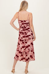 Pink Rose Floral Mesh Ruched Midi Dress