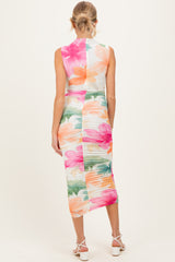 Multicolor Floral Ruched Sleeveless Maternity Midi Dress