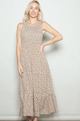 Beige Floral Smocked Sleeveless Tiered Maxi Dress