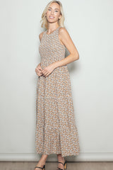 Beige Floral Smocked Sleeveless Tiered Maxi Dress