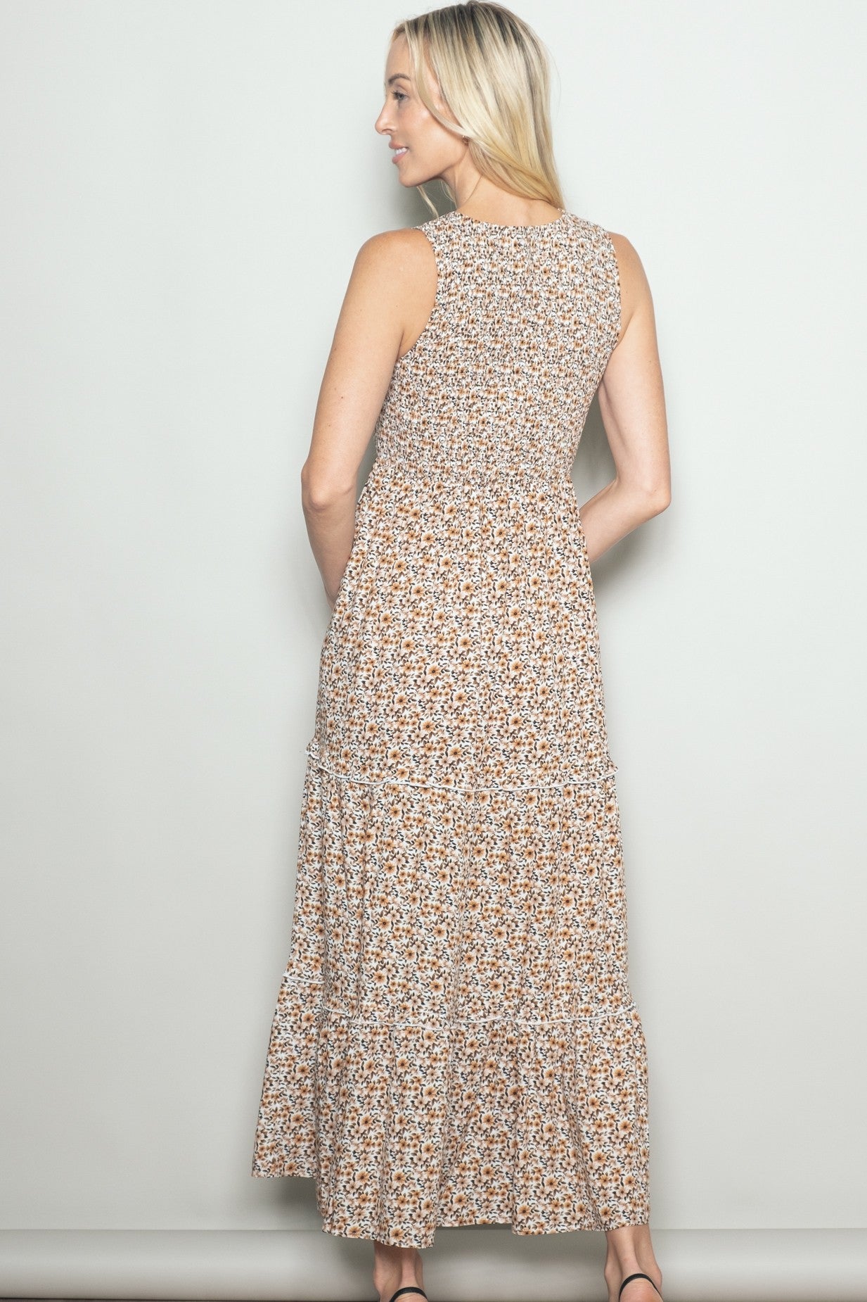 Beige Floral Smocked Sleeveless Tiered Maxi Dress