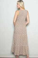 Beige Floral Smocked Sleeveless Tiered Maxi Dress