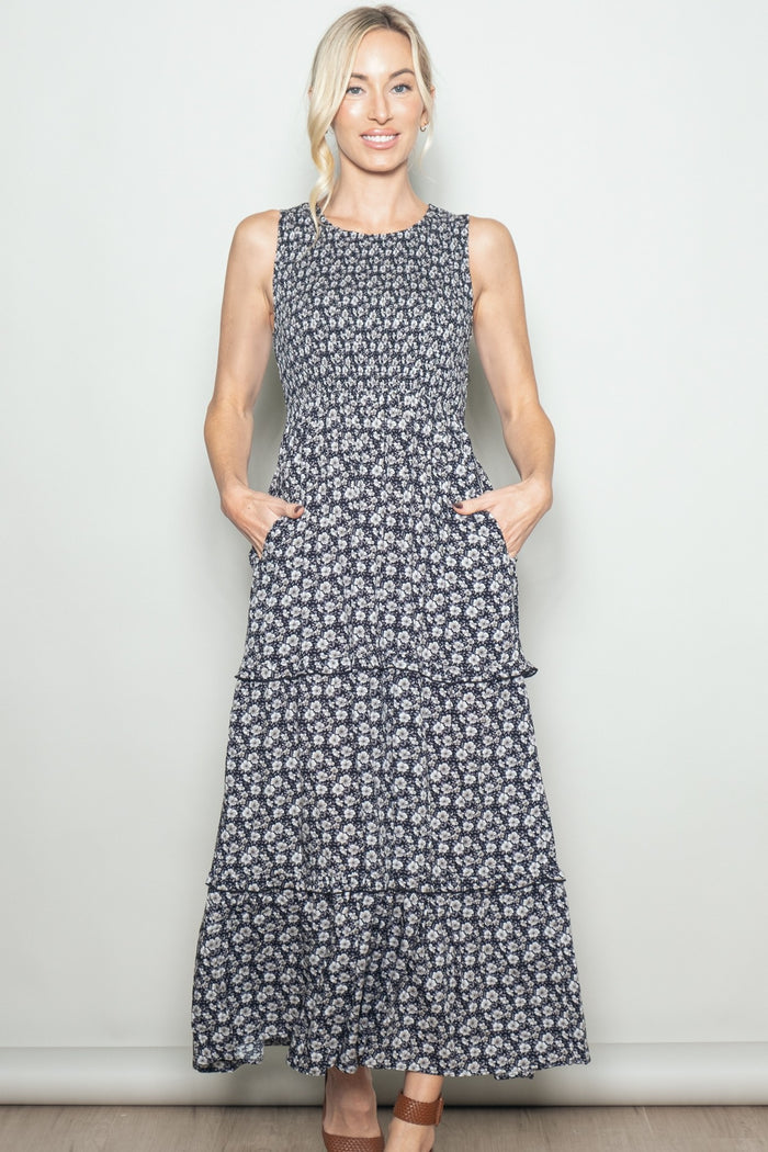 Black Floral Smocked Sleeveless Tiered Maternity Maxi Dress