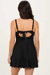 Black Ribbed Scallop Hem Swim Dress
