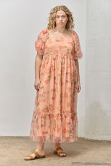 Coral Floral Puff Sleeve Plus Maxi Dress