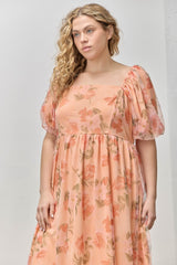 Coral Floral Puff Sleeve Plus Maxi Dress