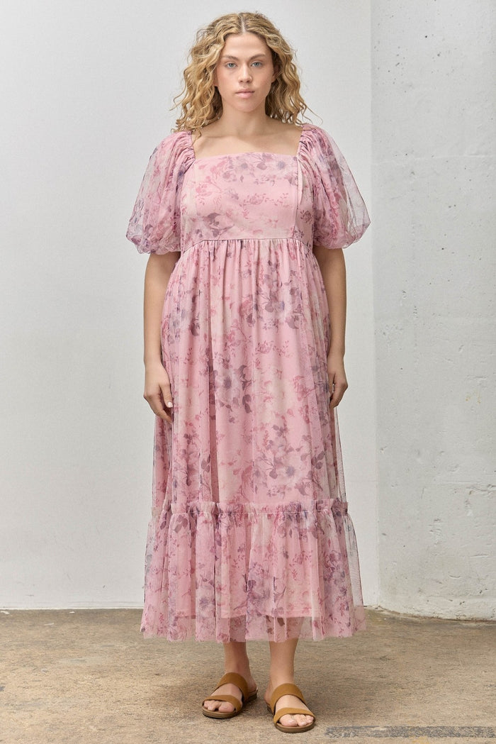 Pink Floral Printed Tulle Puff Sleeve Maternity Plus Midi Dress