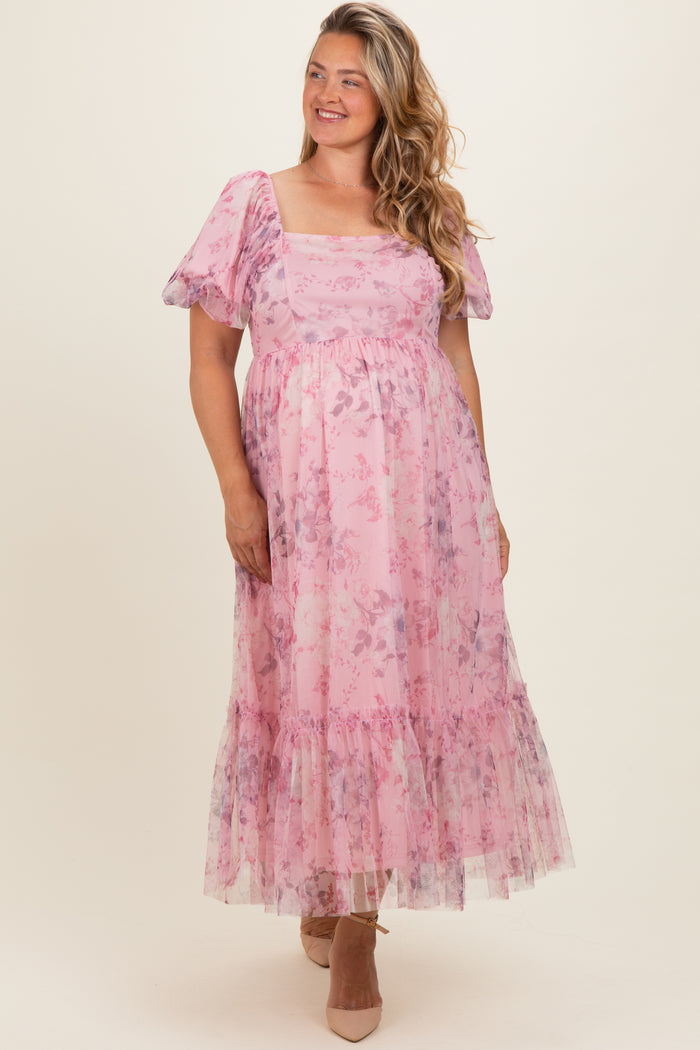 Pink Floral Printed Tulle Puff Sleeve Maternity Plus Midi Dress