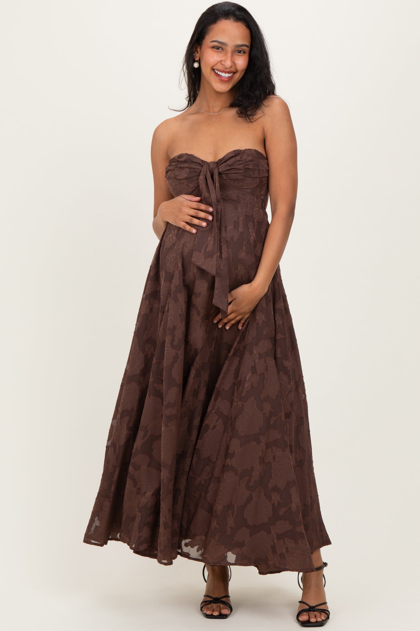 Brown Floral Jacquard Strapless Open Back Maternity Maxi Dress