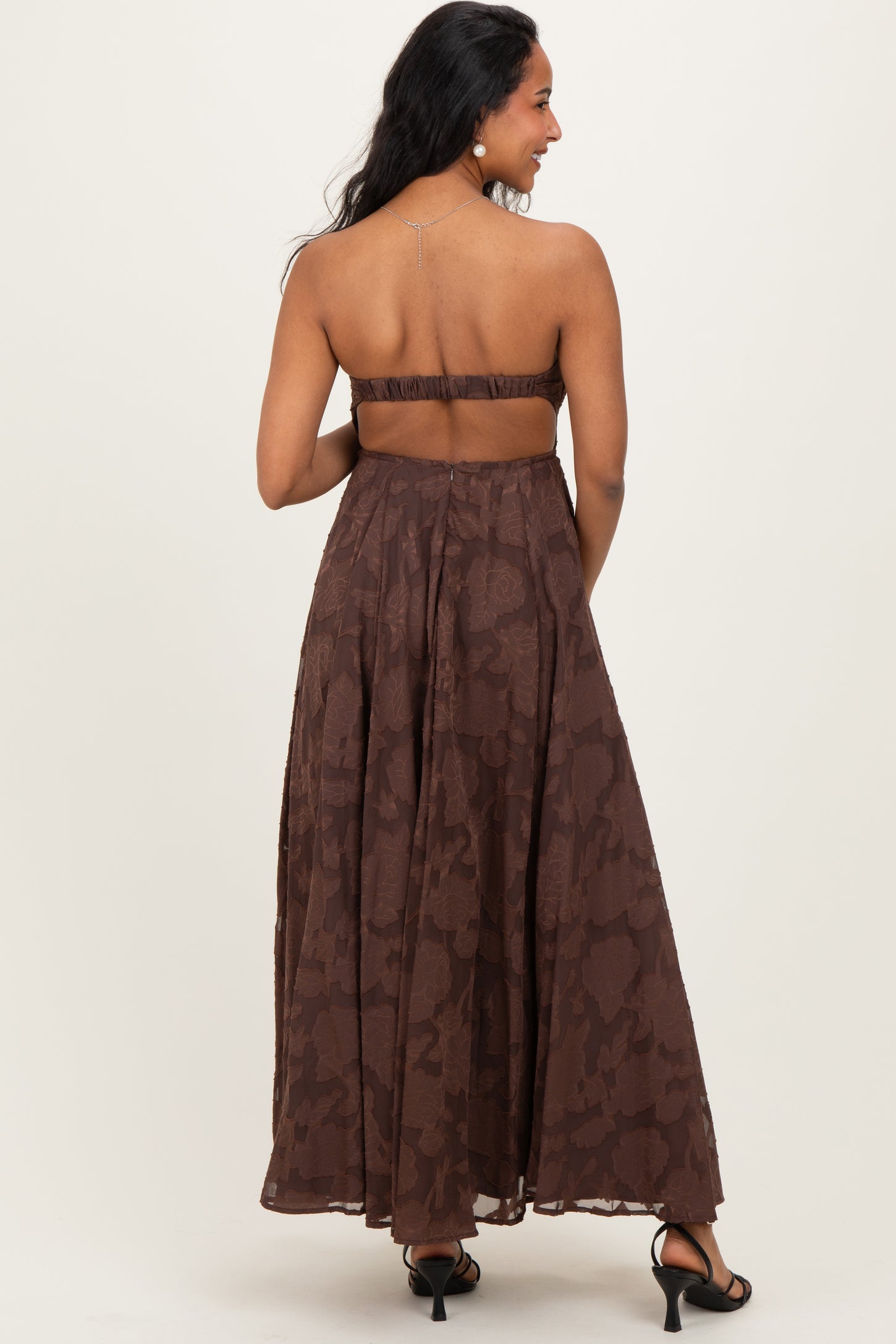 Brown Floral Jacquard Strapless Open Back Maternity Maxi Dress