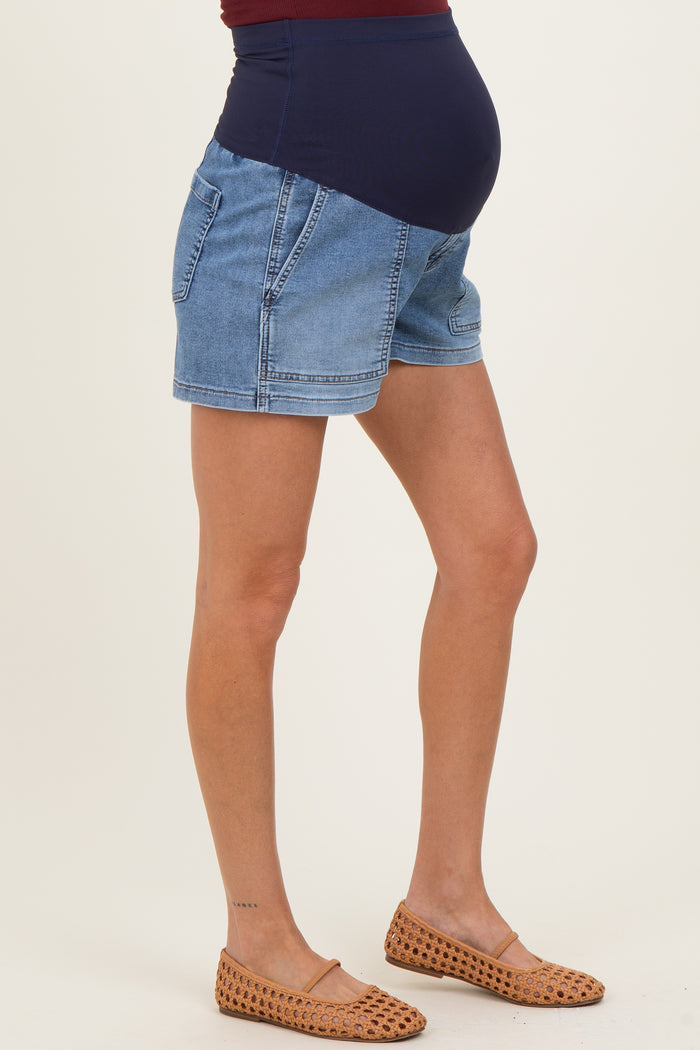 Medium Denim Pull On Patch Pocket Maternity Denim Shorts