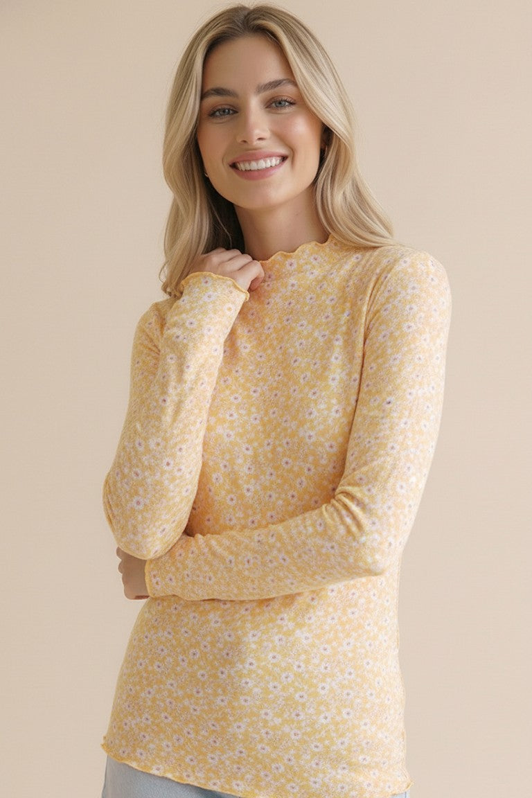 Light Yellow Long Sleeve Floral Print Top