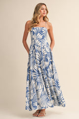 Blue Printed Linen A-Line Maternity Midi Dress