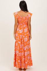 Orange Floral Smocked Cinched Top Maxi Dress