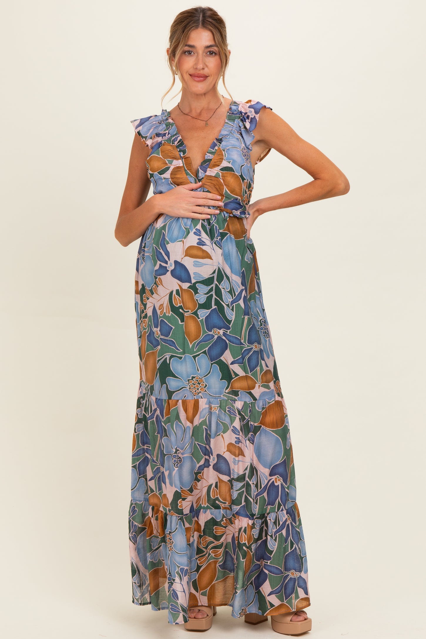 Blue Floral V-Neck Tiered Maternity Maxi Dress