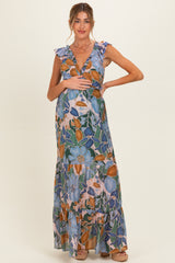 Blue Floral V-Neck Tiered Maternity Maxi Dress
