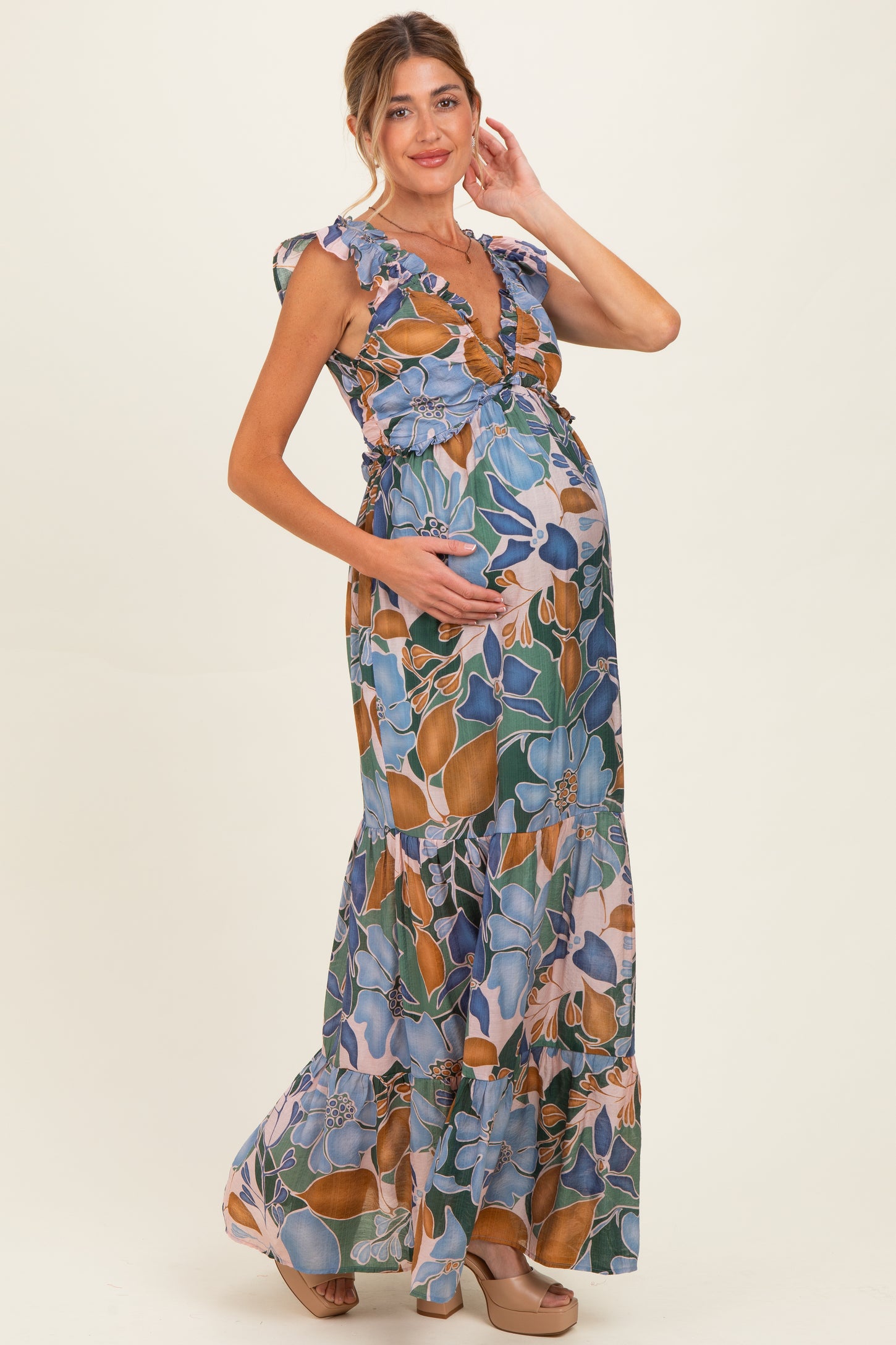 Blue Floral V-Neck Tiered Maternity Maxi Dress