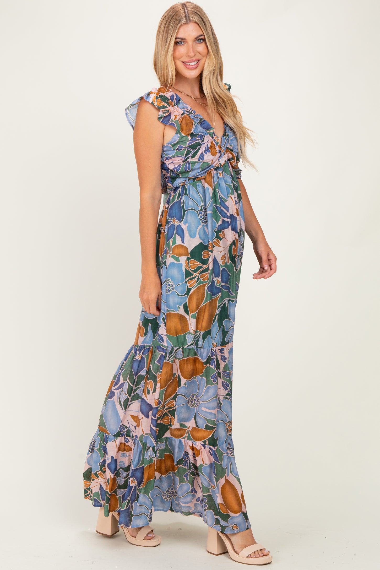 Blue Floral V-Neck Tiered Maxi Dress
