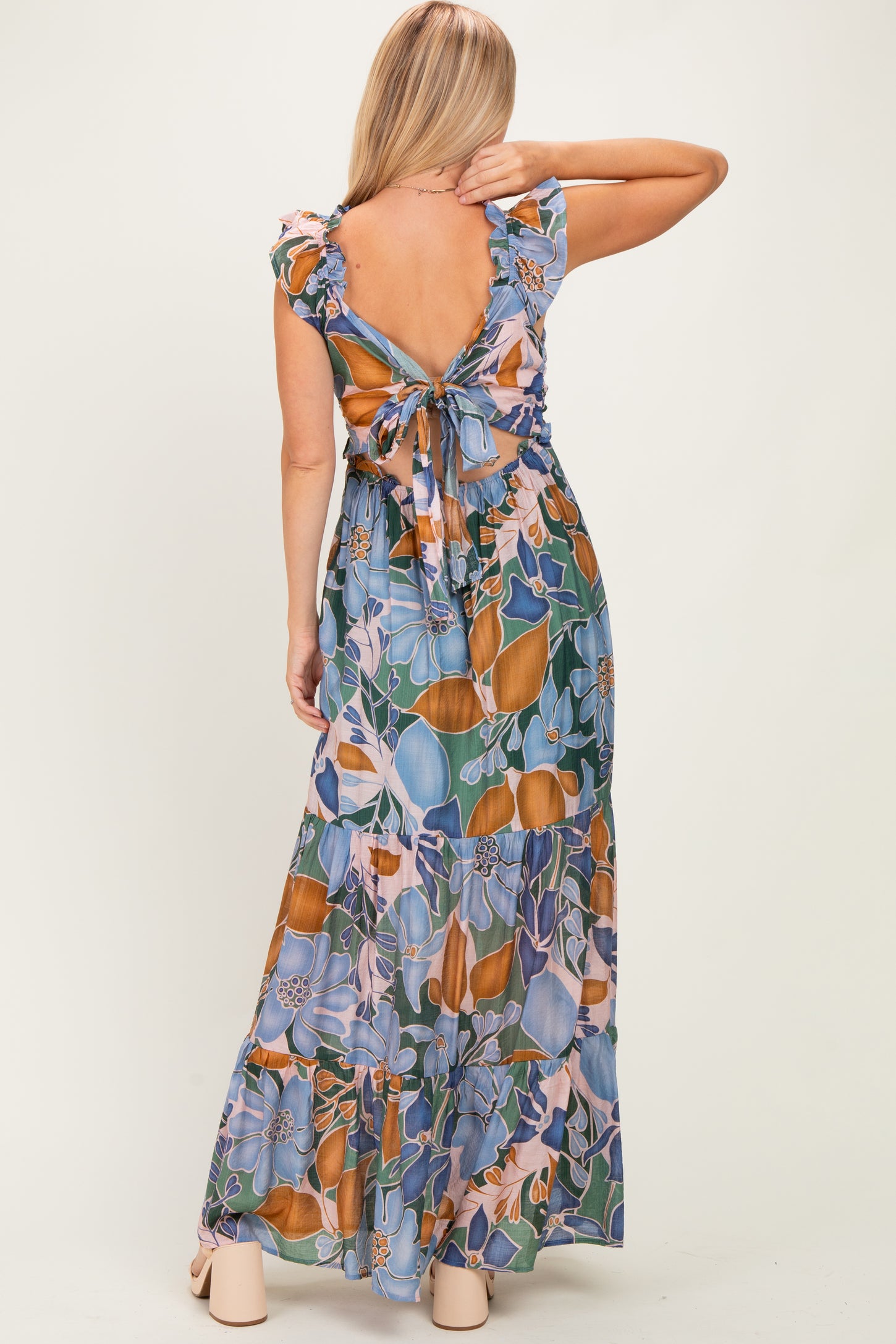 Blue Floral V-Neck Tiered Maxi Dress