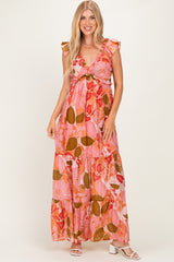 Pink Floral V-Neck Tiered Maxi Dress