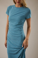 Blue Short Sleeve Ruched Midi Dress