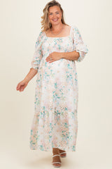 Ivory Floral Smocked 3/4 Sleeve Maternity Plus Maxi Dress