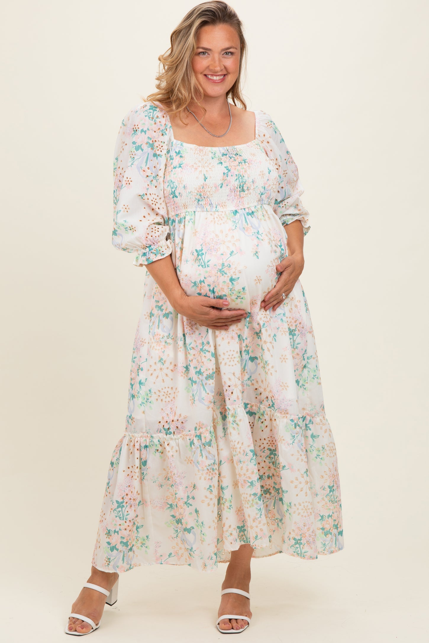 Ivory Floral Smocked 3/4 Sleeve Maternity Plus Maxi Dress
