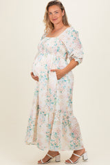 Ivory Floral Smocked 3/4 Sleeve Maternity Plus Maxi Dress