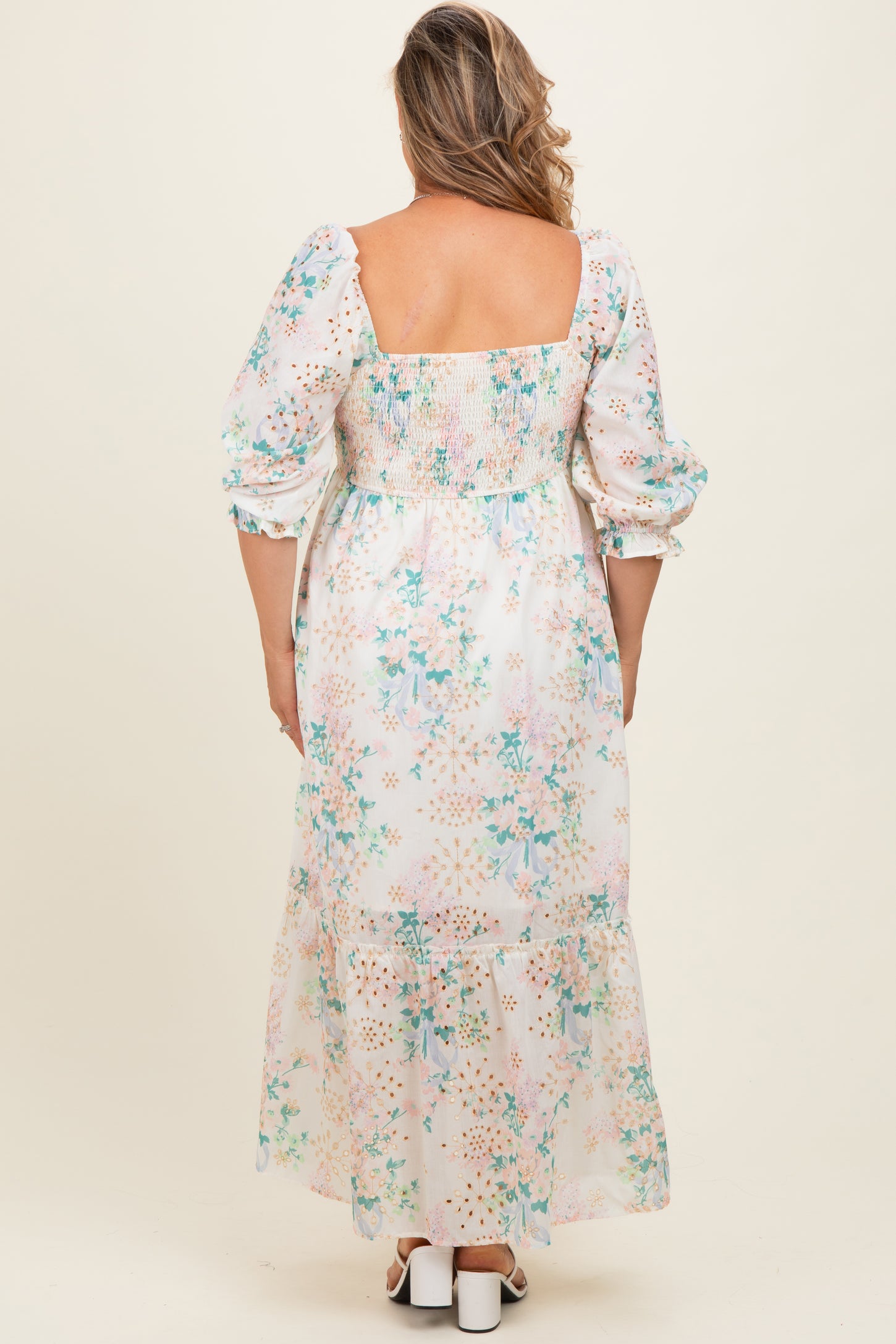 Ivory Floral Smocked 3/4 Sleeve Maternity Plus Maxi Dress