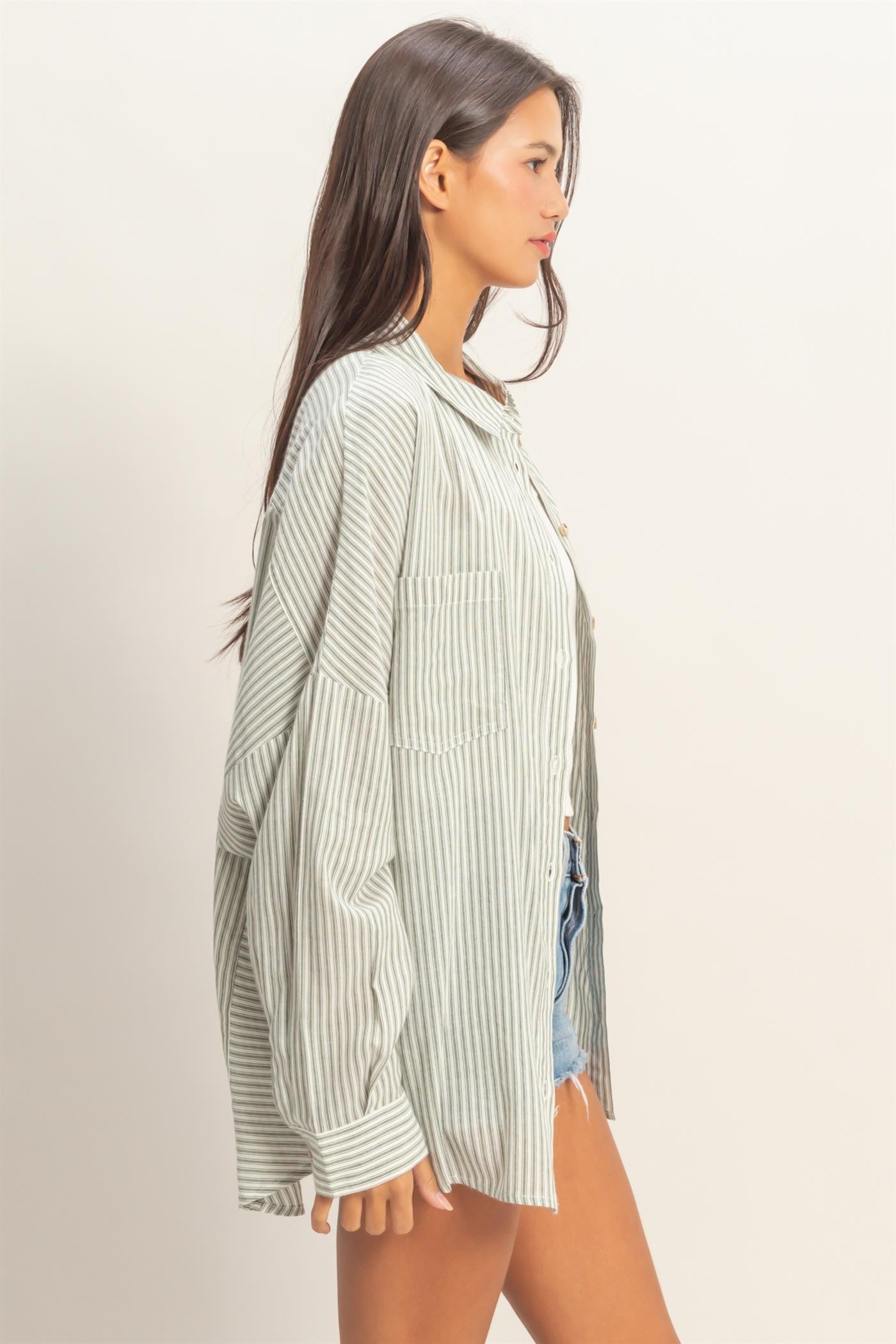 Olive Oversized Striped Button-Up Shirt