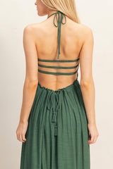 Hunter Green Smocked Halter Open Back Maxi Dress