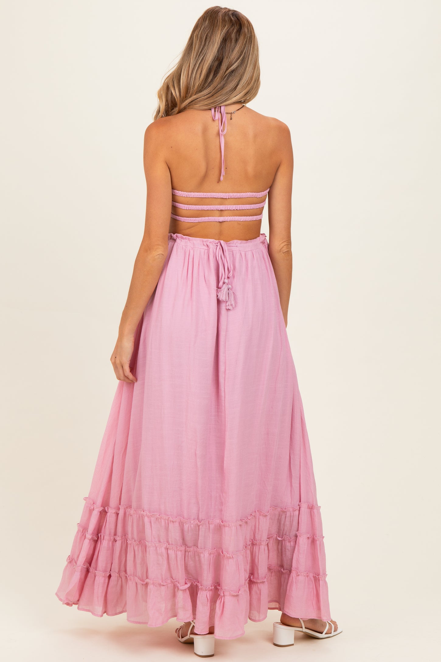 Light Pink Smocked Halter Open Back Maternity Maxi Dress